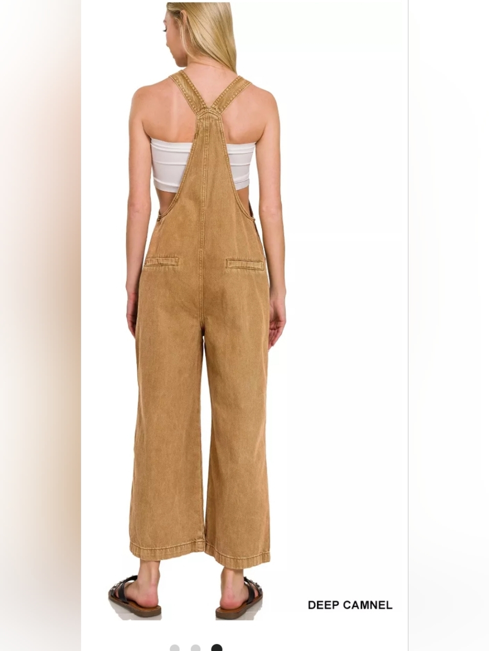 Zenana Women's Lt Camel Washed Knotted Wide Leg Denim Jumpsuit w/Pockets Small - Picture 3 of 6